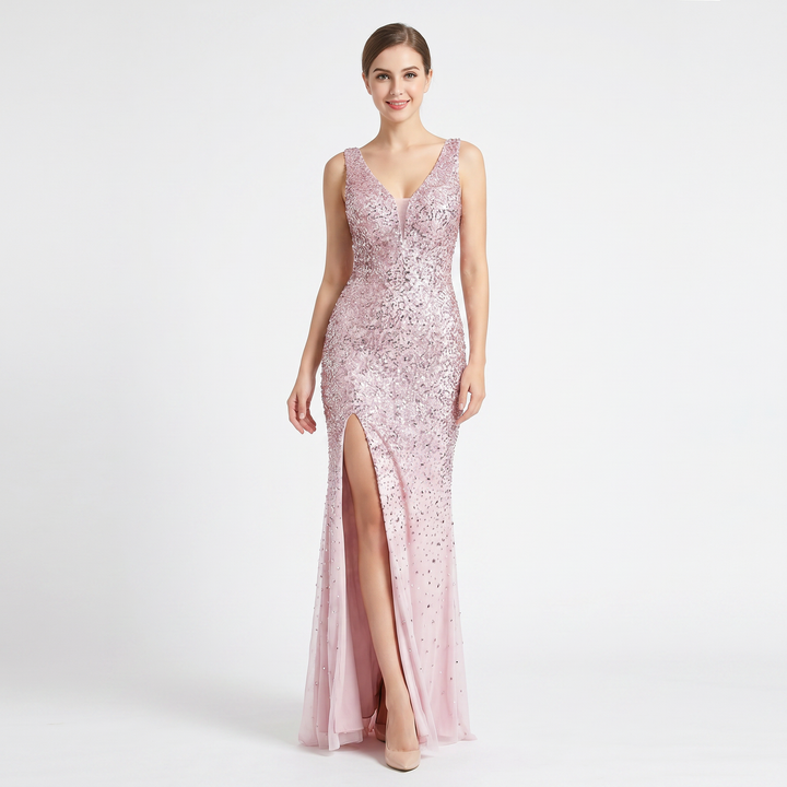 Women's Sequin Mesh Mermaid Maxi Dress Deep V Neck Illusion Side Split Formal Gown