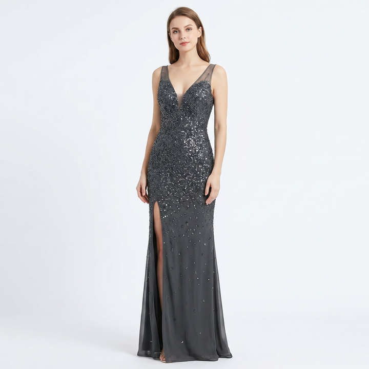 Women's Sequin Mesh Mermaid Maxi Dress Deep V Neck Illusion Side Split Formal Gown