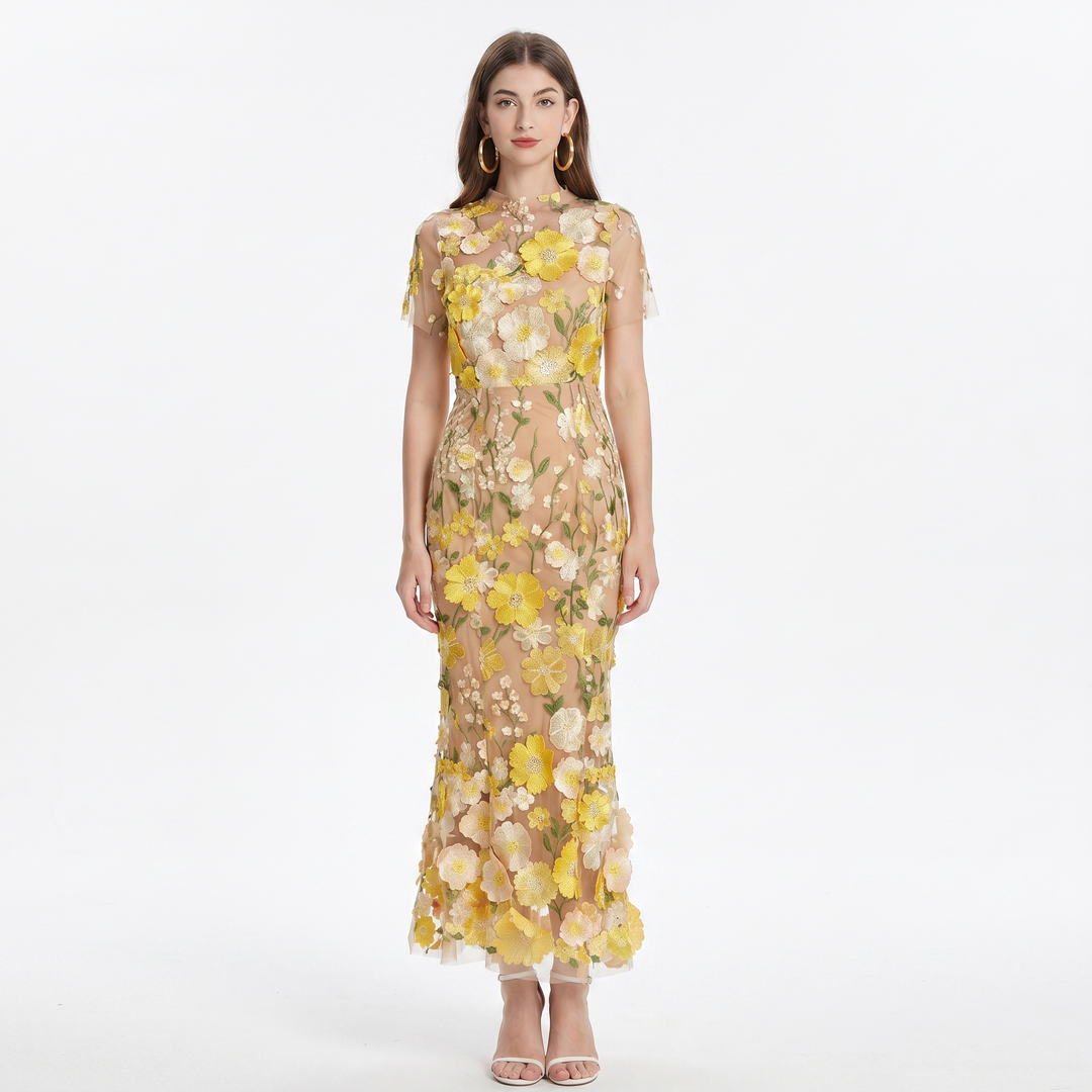 Women's Floral Embroidered Mesh Maxi Dress Short Sleeve Sheer Overlay