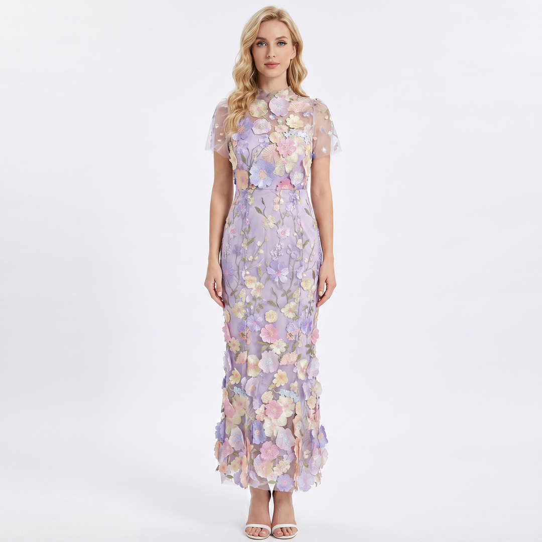 Women's Floral Embroidered Mesh Maxi Dress Short Sleeve Sheer Overlay
