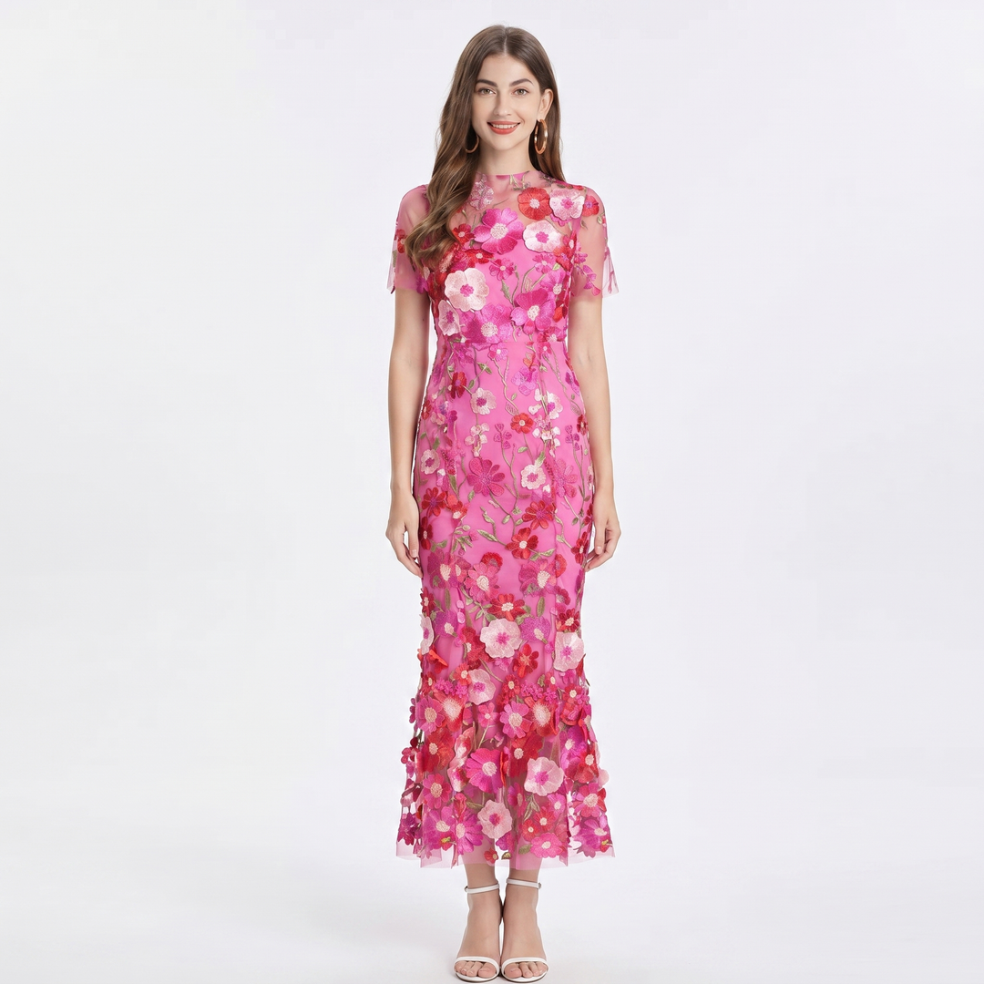 Women's Floral Embroidered Mesh Maxi Dress Short Sleeve Sheer Overlay