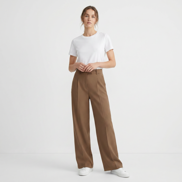 Women's High Waist Wide Leg Trousers Pleated Front Tailored Smart Casual Pants