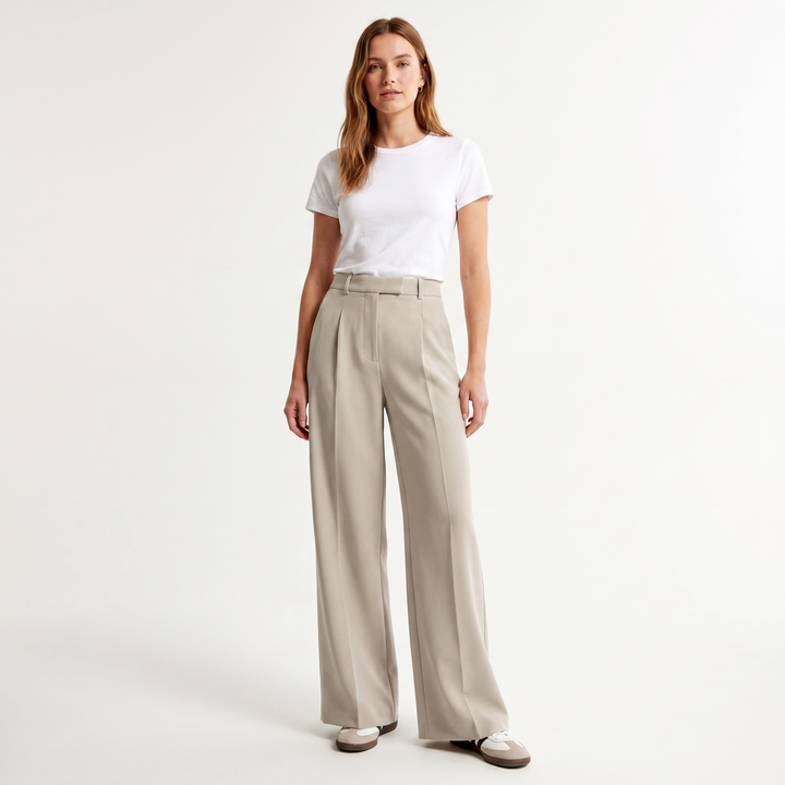 Women's High Waist Wide Leg Trousers Pleated Front Tailored Smart Casual Pants