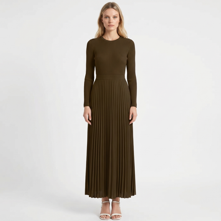 Women's Pleated Maxi Dress Long Sleeve Ribbed Bodice Elegant A-Line