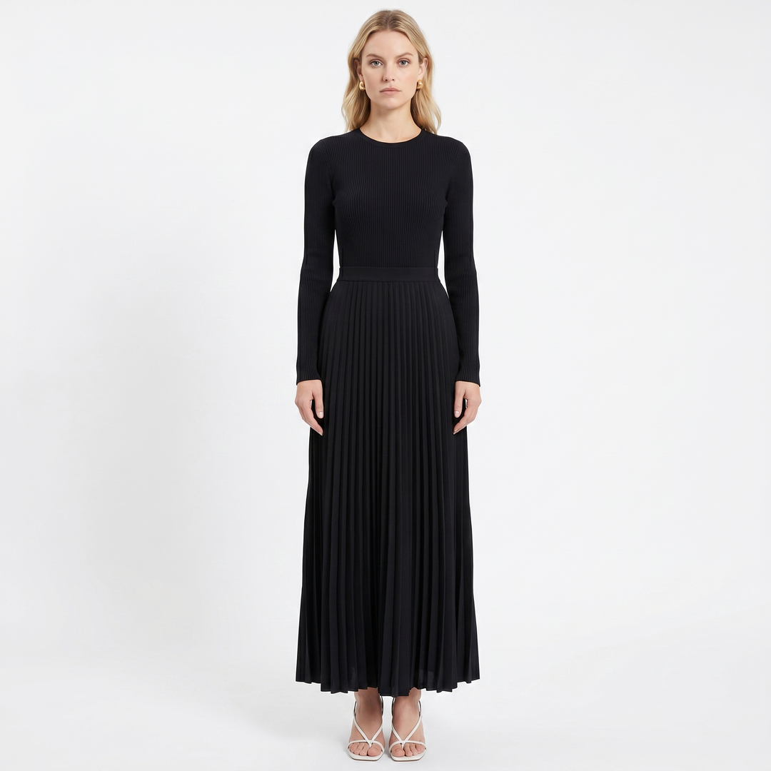 Women's Pleated Maxi Dress Long Sleeve Ribbed Bodice Elegant A-Line