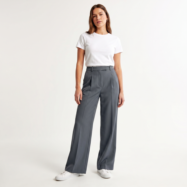 Women's High Waist Wide Leg Trousers Pleated Front Tailored Smart Casual Pants