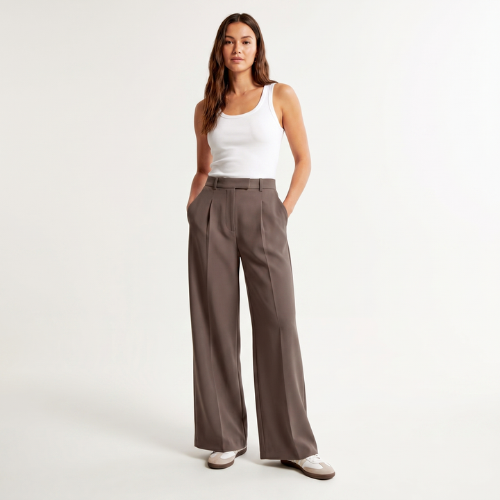 Women's High Waist Wide Leg Trousers Pleated Front Tailored Smart Casual Pants