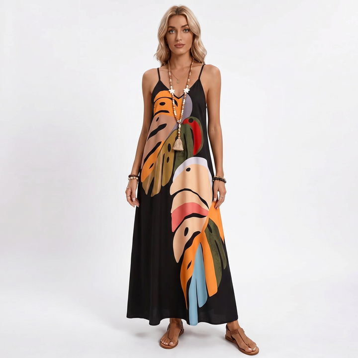 Women's Tropical Print Maxi Dress Spaghetti Strap V-Neck Boho Summer