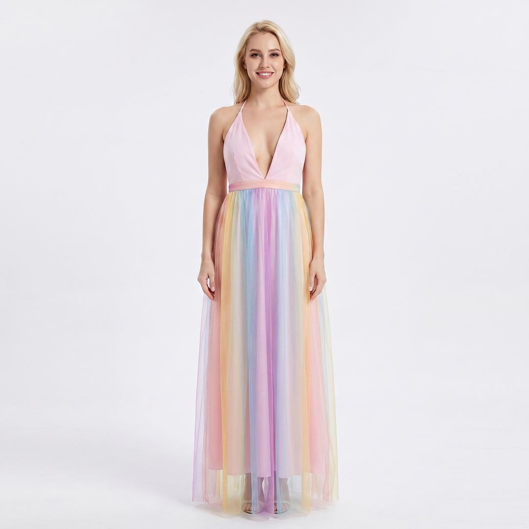 Women's Rainbow Tulle Maxi Dress Deep V-Neck Sleeveless Formal Evening Gown