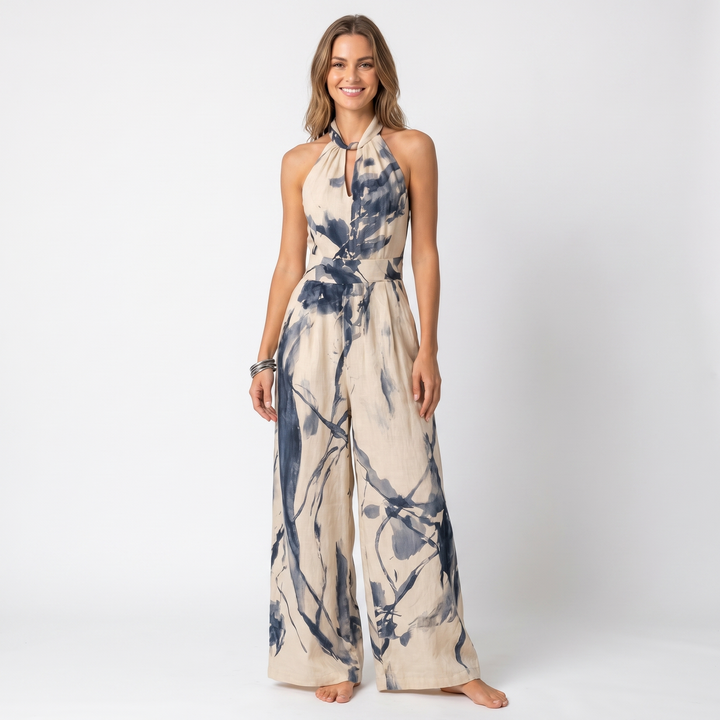 Women's Abstract Print Halter Neck Jumpsuit Wide-Leg Sleeveless Summer
