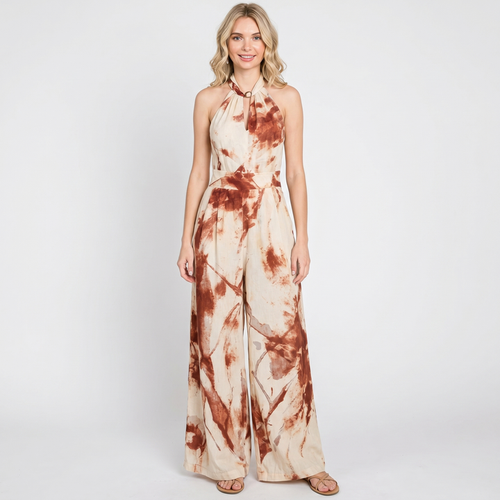 Women's Abstract Print Halter Neck Jumpsuit Wide-Leg Sleeveless Summer