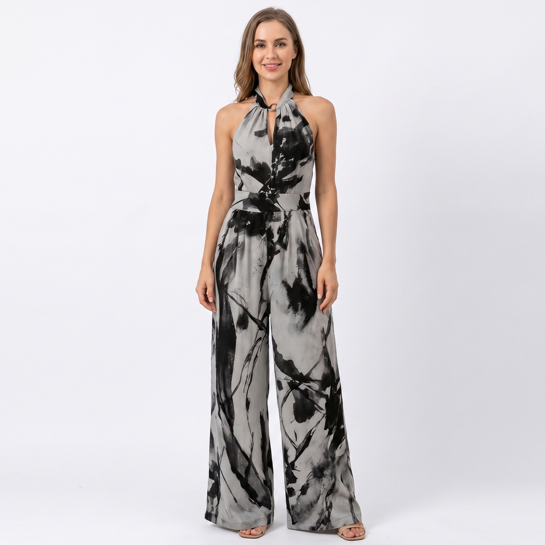 Women's Abstract Print Halter Neck Jumpsuit Wide-Leg Sleeveless Summer