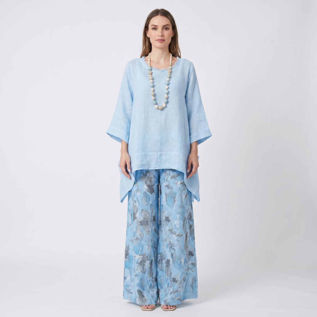 Women's Linen Two-Piece Set Oversized Top Floral Wide-Leg Trousers Boho