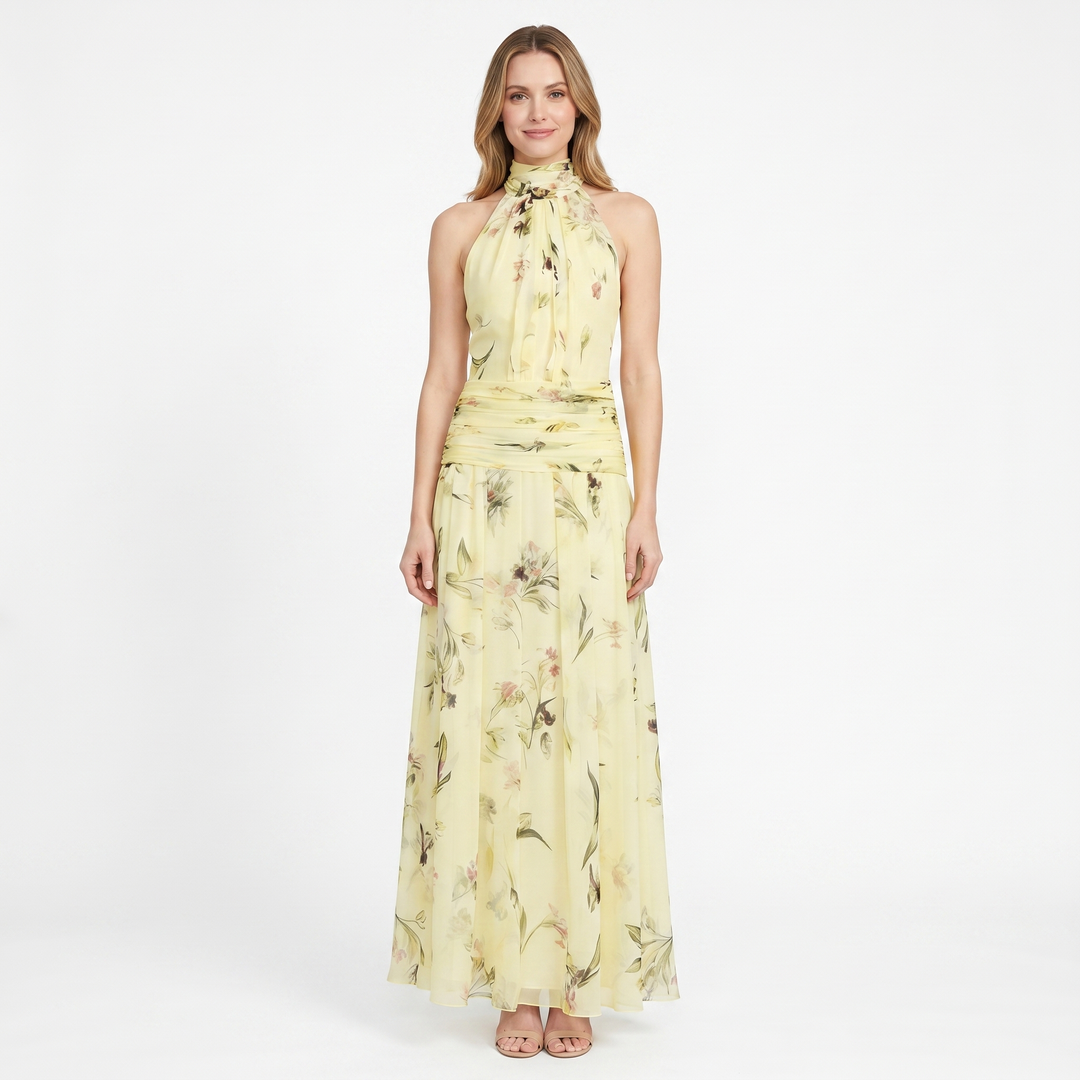 Women's Floral Chiffon Halter Maxi Dress Ruched Waist Sleeveless Formal