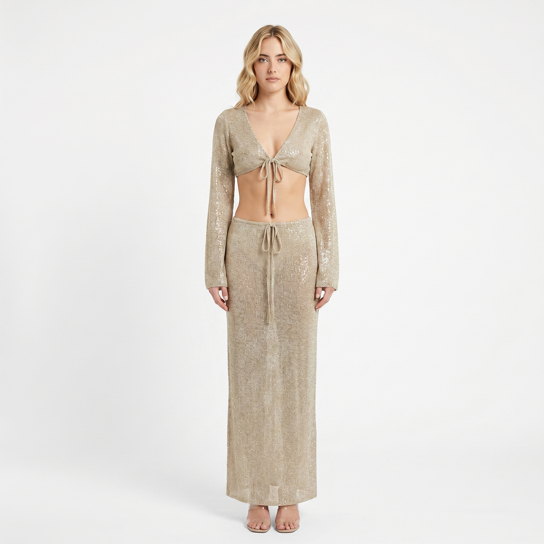 Women's Knit Three-Piece Set Bralette Cardigan Maxi Skirt Sparkle Evening