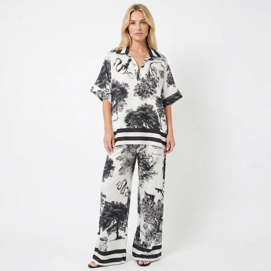 Women's Toile Print Two-Piece Set Oversized Top Wide-Leg Trousers Casual