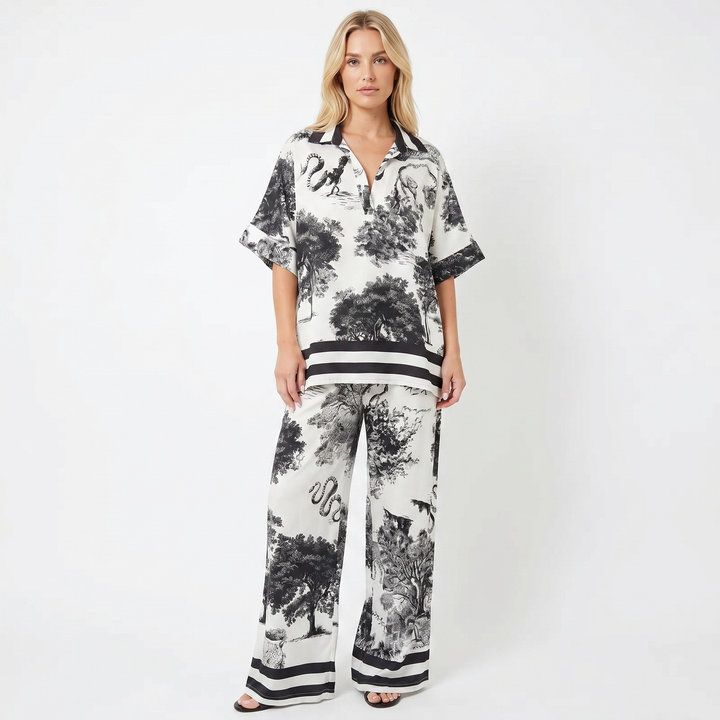 Women's Toile Print Two-Piece Set Oversized Top Wide-Leg Trousers Casual