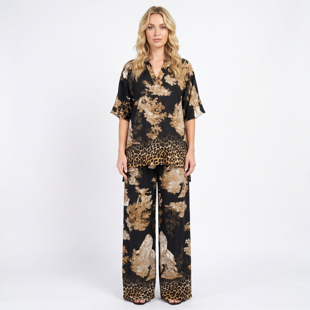 Women's Toile Print Two-Piece Set Oversized Top Wide-Leg Trousers Casual