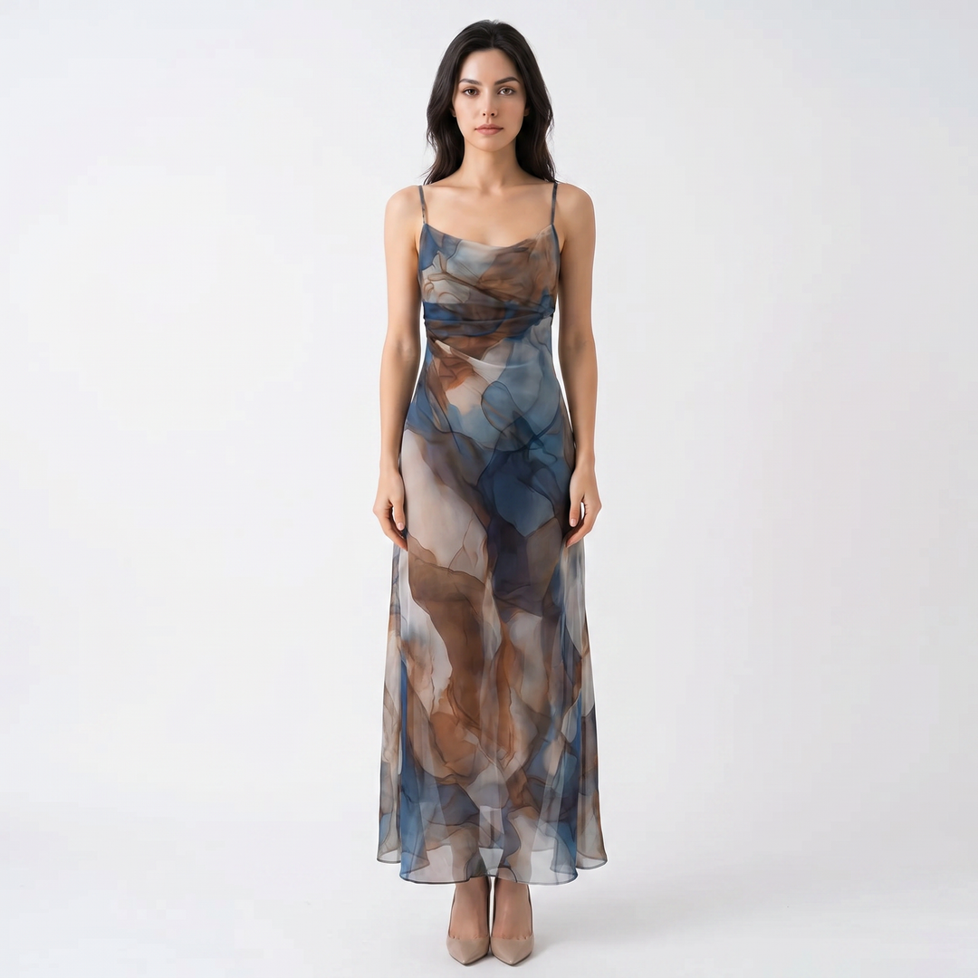 Women's Abstract Print Chiffon Maxi Dress Spaghetti Strap Sheer Overlay