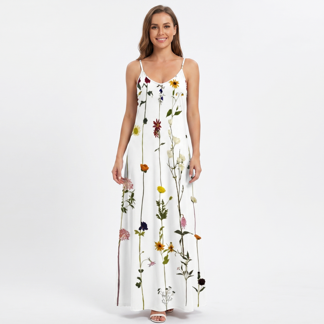 Women's Wildflower Print Sleeveless Maxi Dress Loose Fit V-Neck Casual Summer