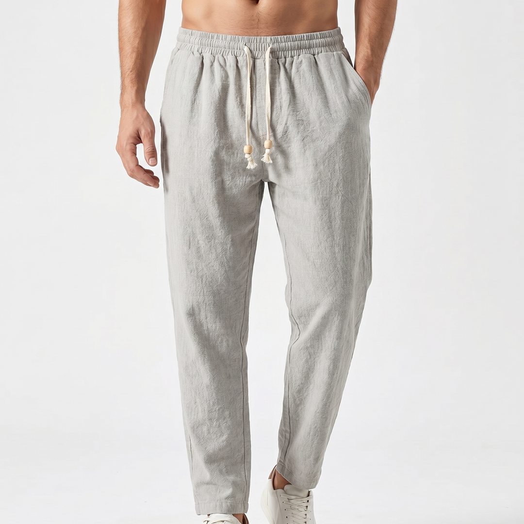 Men's Linen Drawstring Trousers Elastic Waist Relaxed Fit Casual Summer Pants