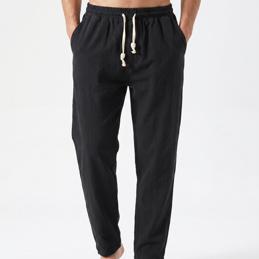 Men's Linen Drawstring Trousers Elastic Waist Relaxed Fit Casual Summer Pants