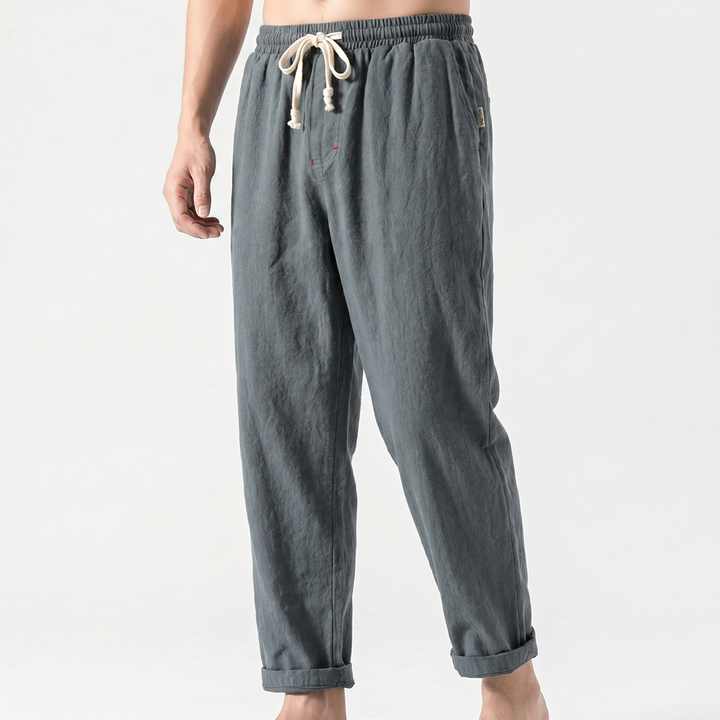 Men's Linen Drawstring Trousers Elastic Waist Relaxed Fit Casual Summer Pants