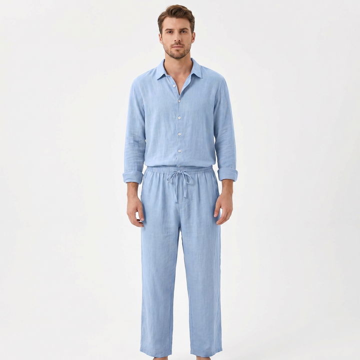 Men's Linen Two-Piece Set Long Sleeve Shirt Drawstring Trousers Casual Summer