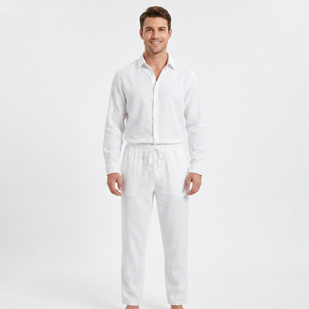 Men's Linen Two-Piece Set Long Sleeve Shirt Drawstring Trousers Casual Summer
