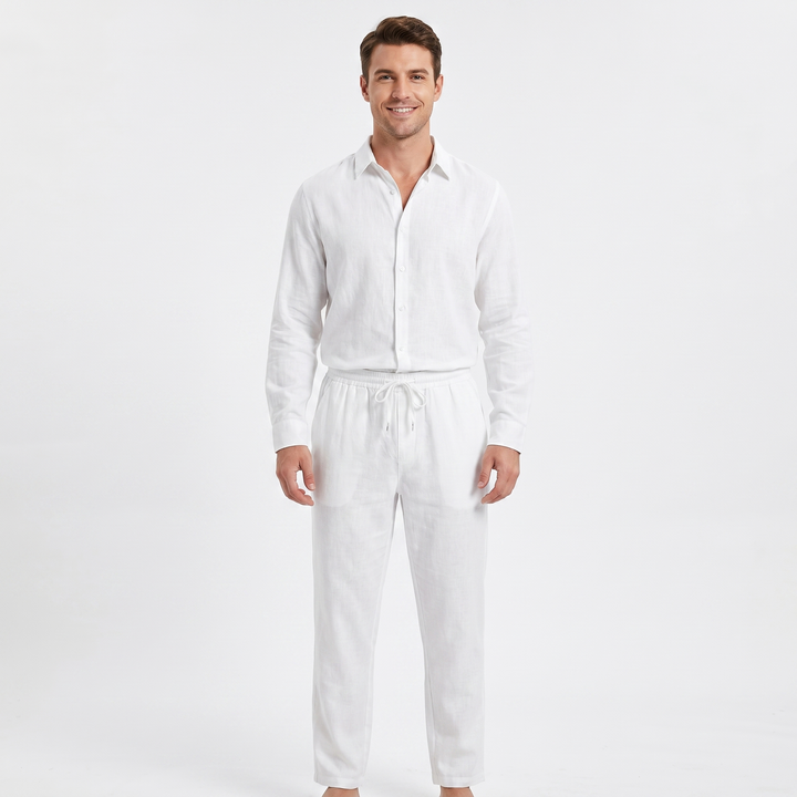 Men's Linen Two-Piece Set Long Sleeve Shirt Drawstring Trousers Casual Summer