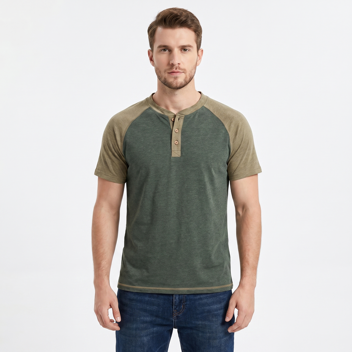 Men's Henley T-Shirt Raglan Short Sleeve Colour Block Cotton Casual Slim Fit