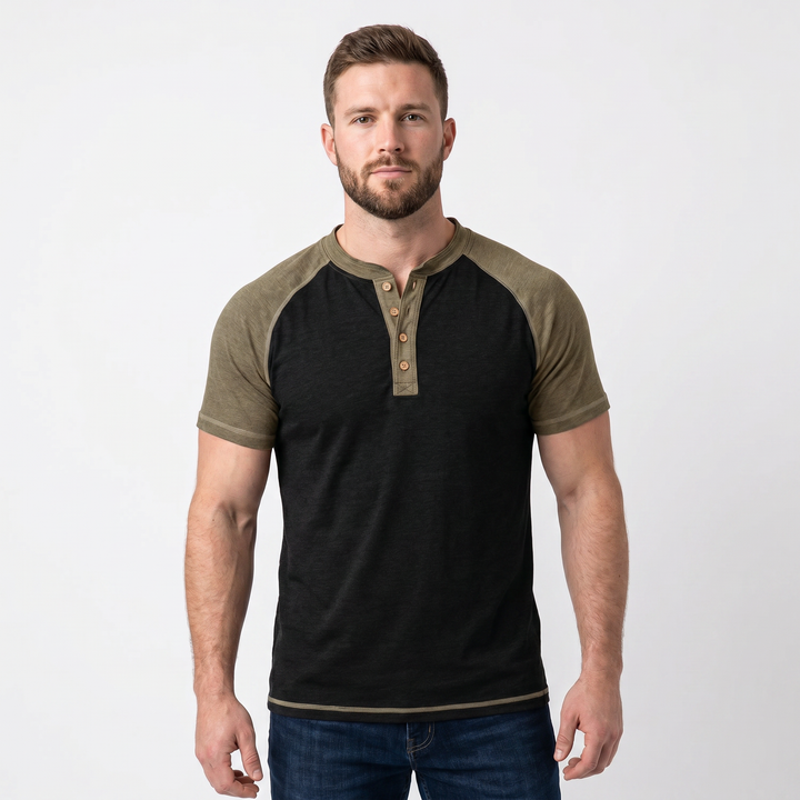 Men's Henley T-Shirt Raglan Short Sleeve Colour Block Cotton Casual Slim Fit