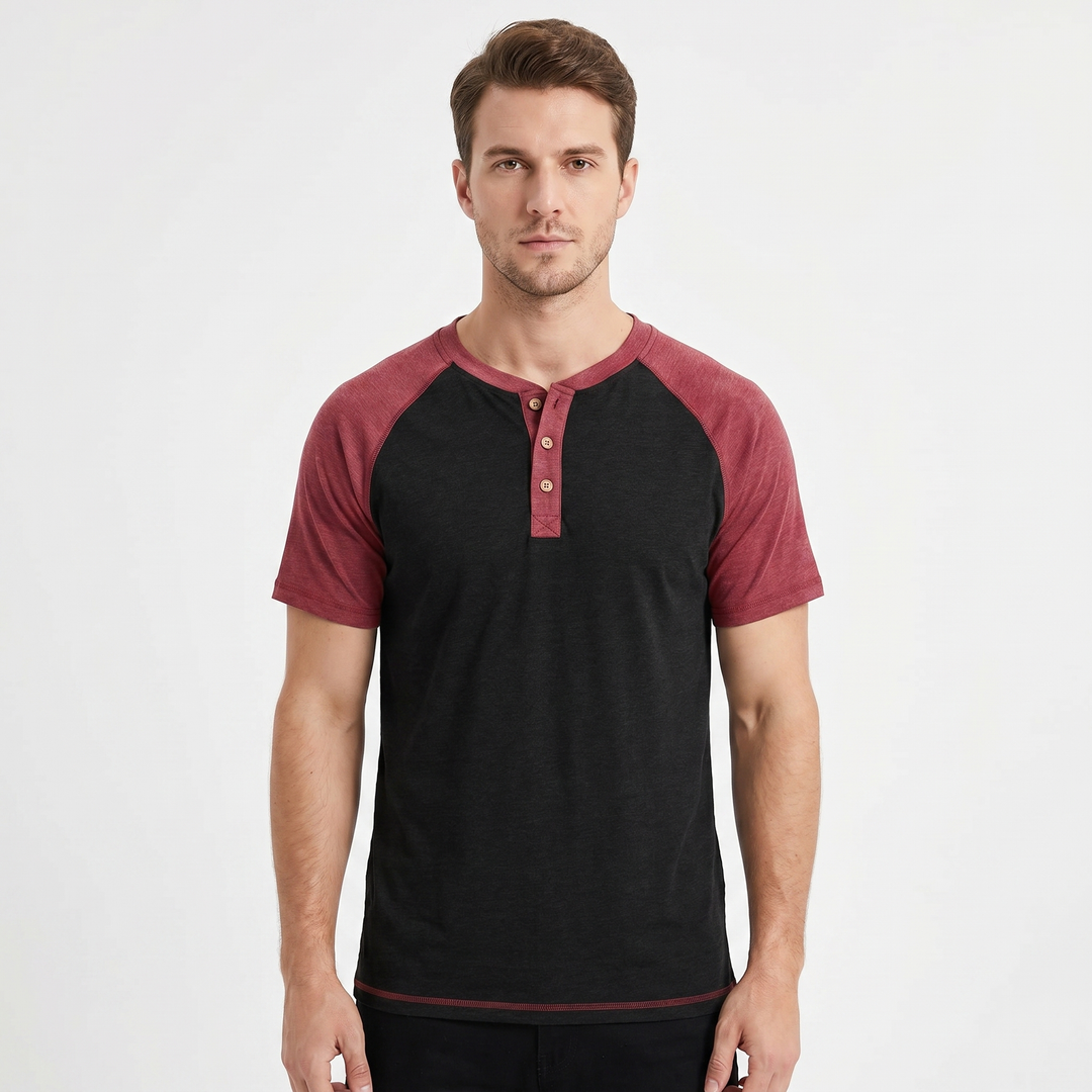 Men's Henley T-Shirt Raglan Short Sleeve Colour Block Cotton Casual Slim Fit