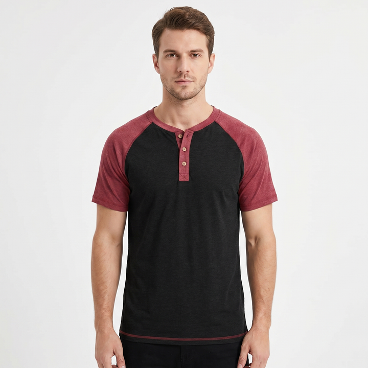 Men's Henley T-Shirt Raglan Short Sleeve Colour Block Cotton Casual Slim Fit