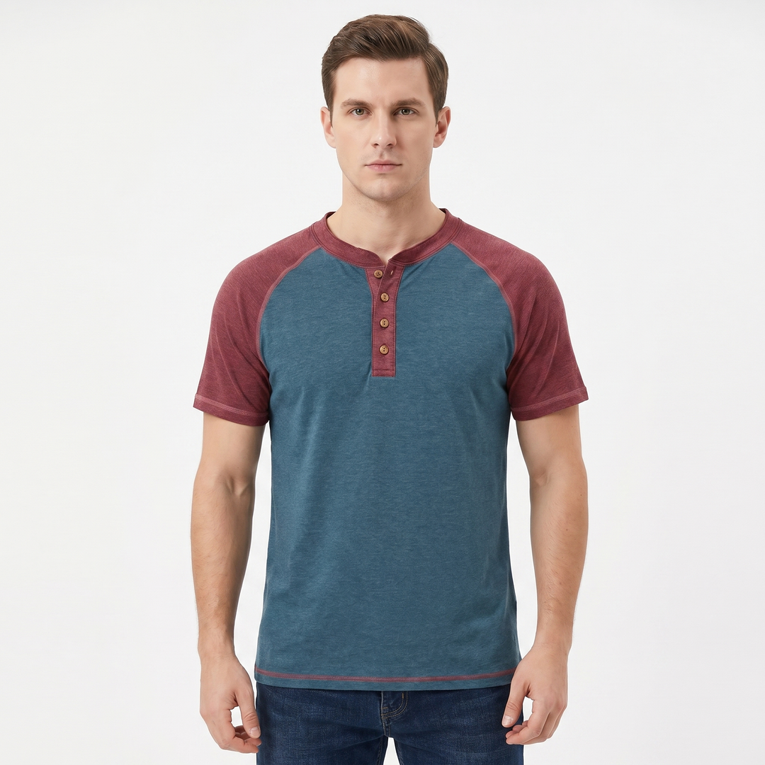 Men's Henley T-Shirt Raglan Short Sleeve Colour Block Cotton Casual Slim Fit