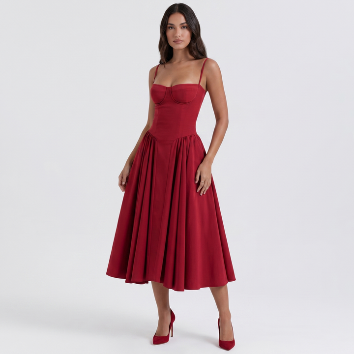 Women's Bustier Corset Midi Dress Spaghetti Strap Full Skirt A-Line Cocktail Party