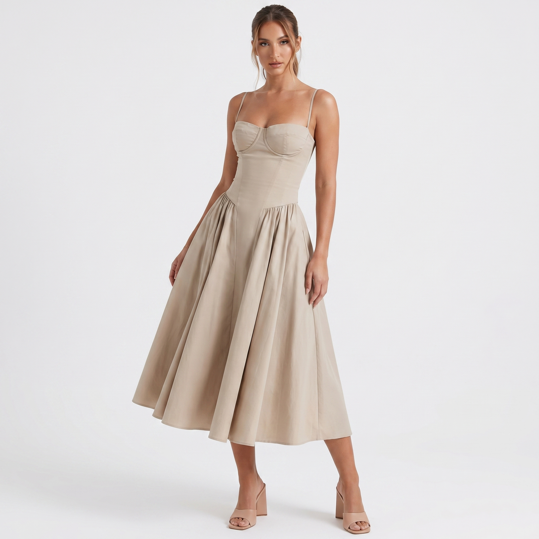 Women's Bustier Corset Midi Dress Spaghetti Strap Full Skirt A-Line Cocktail Party