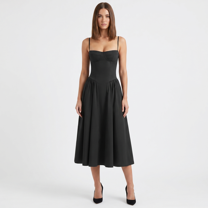 Women's Bustier Corset Midi Dress Spaghetti Strap Full Skirt A-Line Cocktail Party