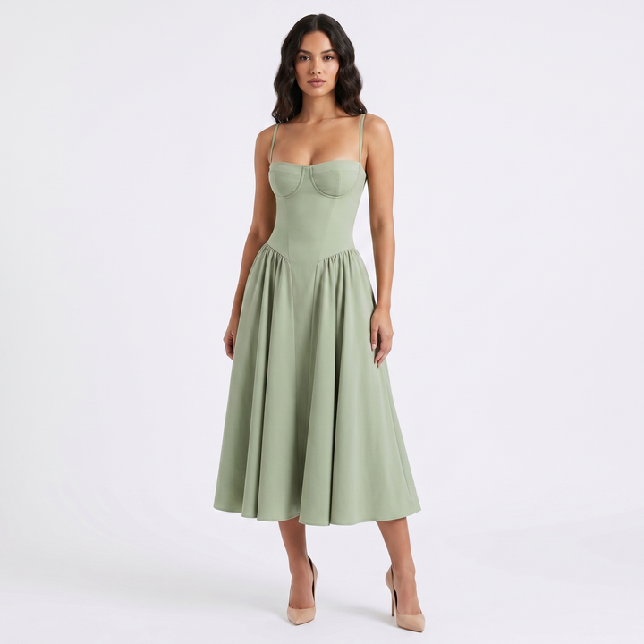 Women's Bustier Corset Midi Dress Spaghetti Strap Full Skirt A-Line Cocktail Party