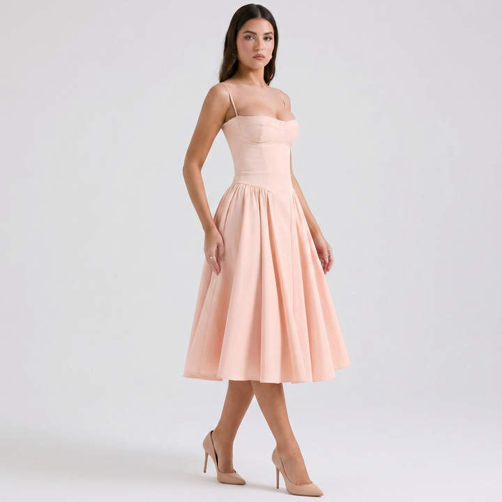 Women's Bustier Corset Midi Dress Spaghetti Strap Full Skirt A-Line Cocktail Party