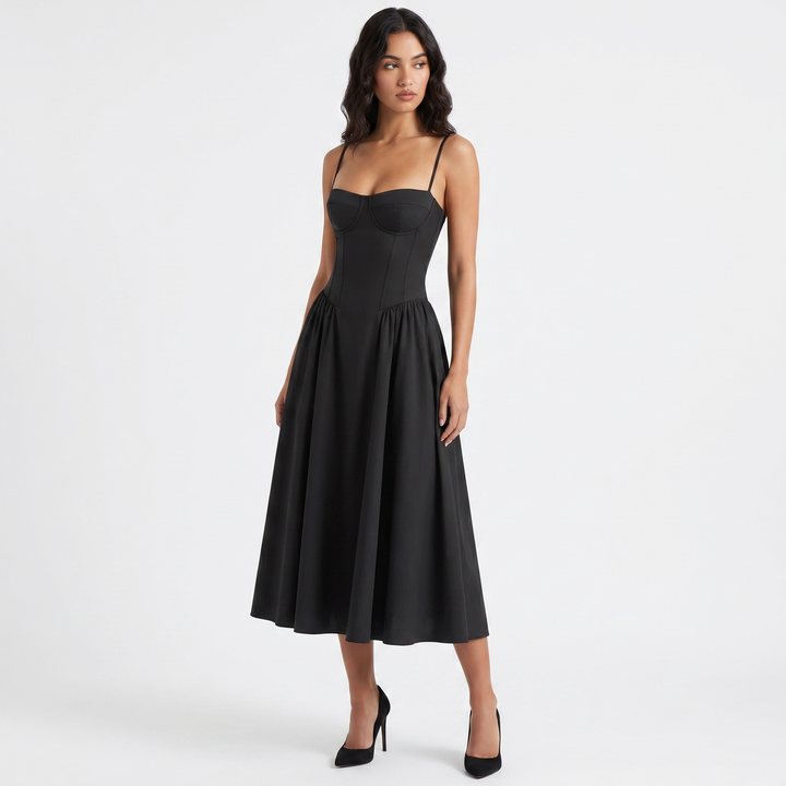 Women's Bustier Corset Midi Dress Spaghetti Strap Full Skirt A-Line Cocktail Party