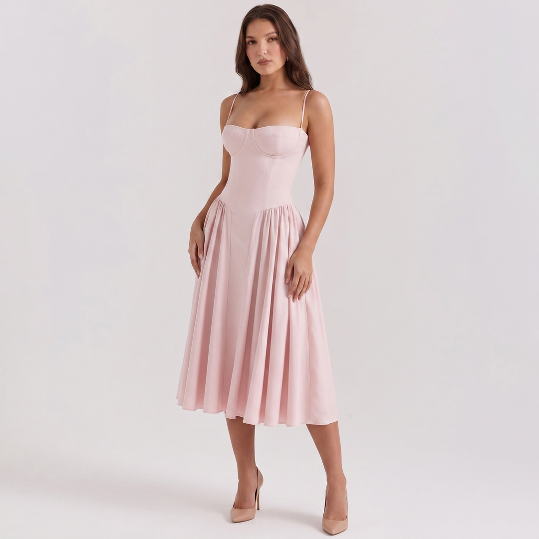 Women's Bustier Corset Midi Dress Spaghetti Strap Full Skirt A-Line Cocktail Party