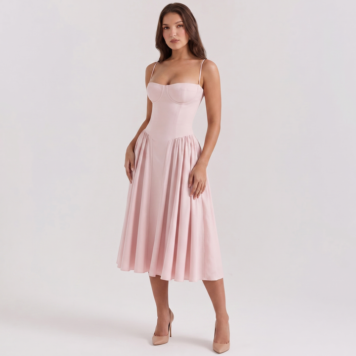 Women's Bustier Corset Midi Dress Spaghetti Strap Full Skirt A-Line Cocktail Party