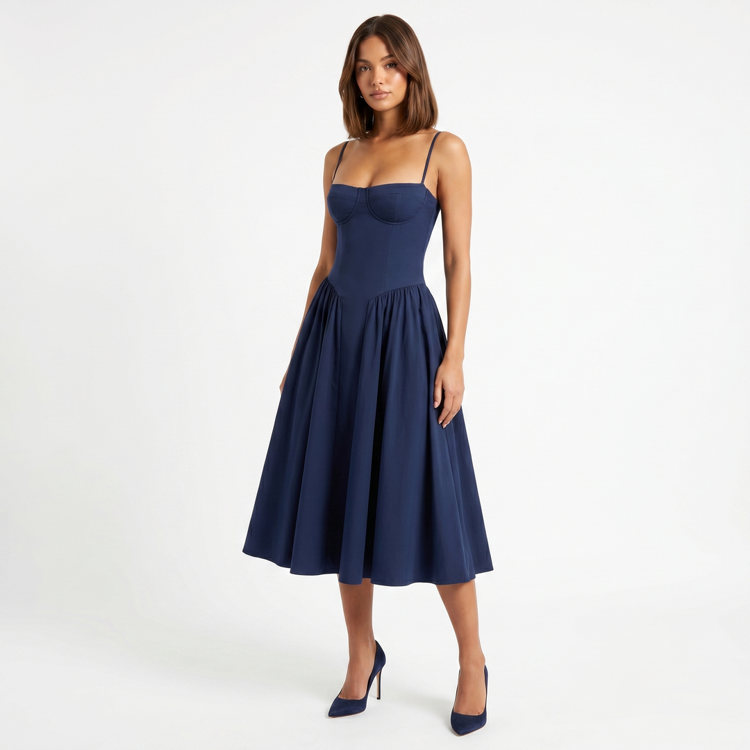 Women's Bustier Corset Midi Dress Spaghetti Strap Full Skirt A-Line Cocktail Party