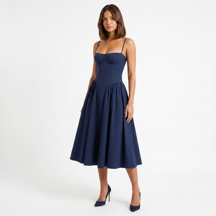 Women's Bustier Corset Midi Dress Spaghetti Strap Full Skirt A-Line Cocktail Party