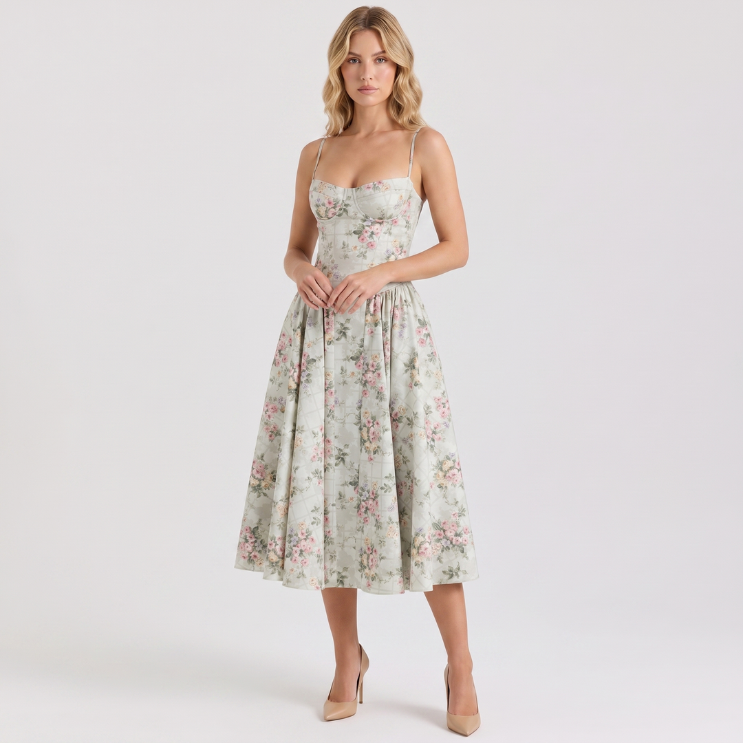 Women's Bustier Corset Midi Dress Spaghetti Strap Full Skirt A-Line Cocktail Party