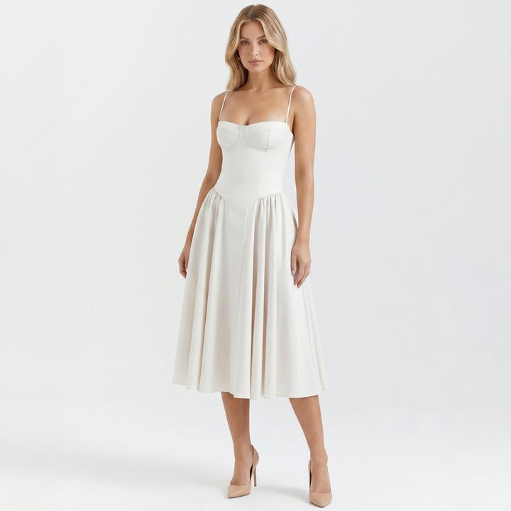 Women's Bustier Corset Midi Dress Spaghetti Strap Full Skirt A-Line Cocktail Party