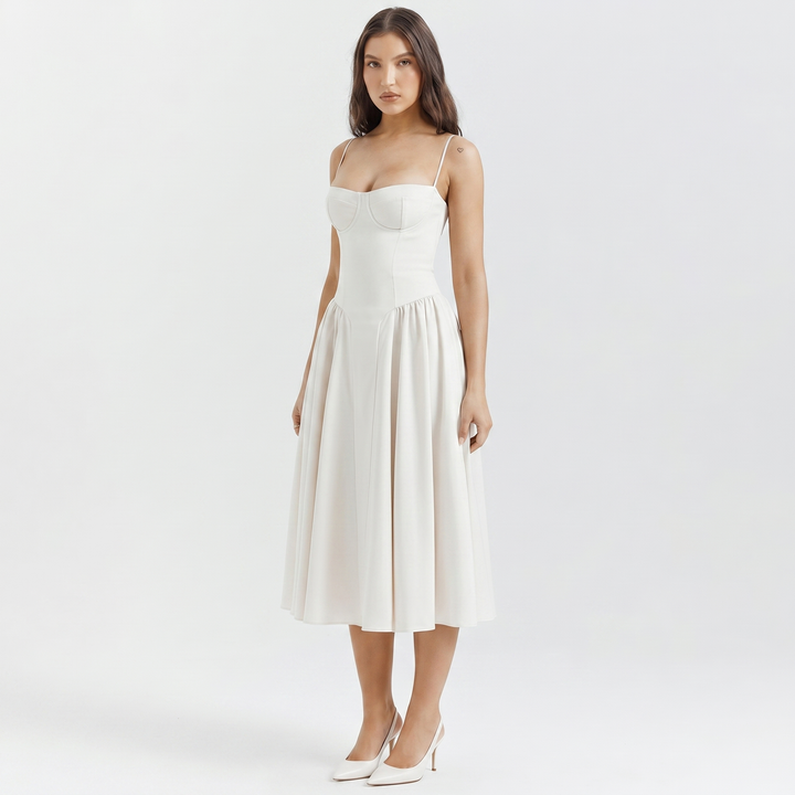 Women's Bustier Corset Midi Dress Spaghetti Strap Full Skirt A-Line Cocktail Party