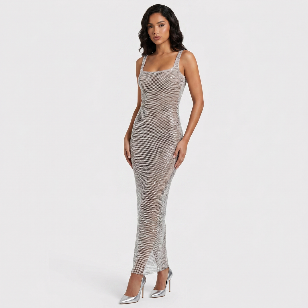 Women's Sequin Fishnet Mesh Maxi Dress Square Neck Sleeveless Bodycon Party Evening