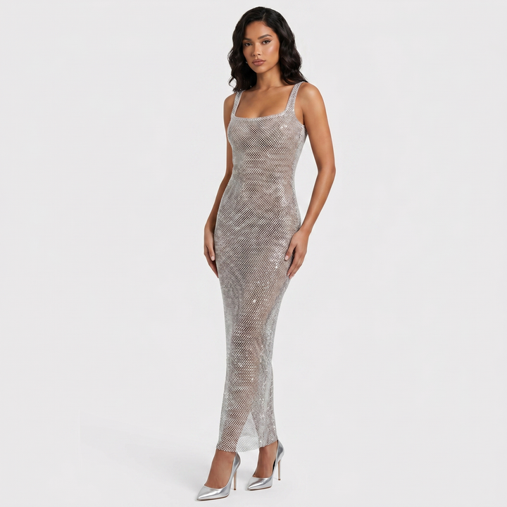 Women's Sequin Fishnet Mesh Maxi Dress Square Neck Sleeveless Bodycon Party Evening